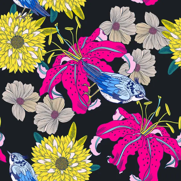 Güzel bir mevsim tatili çiçek açan çayır yaprak tarlası gece yarısı dikişsiz desen tasarımı moda, kumaş, kağıt, interio için koyu siyah renkte izole edilmiş