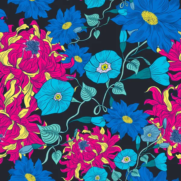 Güzel bir mevsim tatili çiçek açan çayır yaprak tarlası gece yarısı dikişsiz desen tasarımı moda, kumaş, kağıt, interio için koyu siyah renkte izole edilmiş