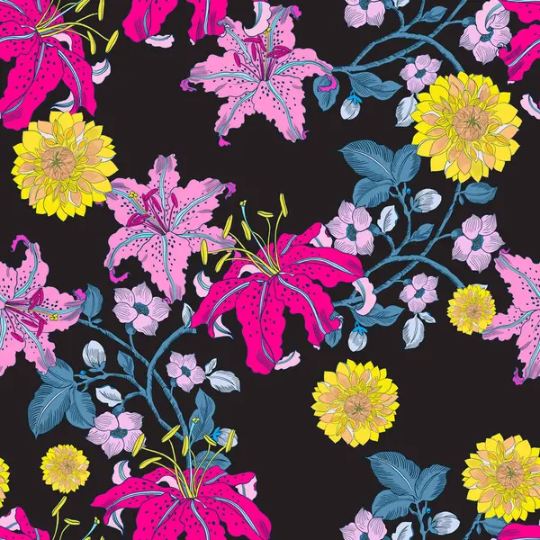 Güzel bir mevsim tatili çiçek açan çayır yaprak tarlası gece yarısı dikişsiz desen tasarımı moda, kumaş, kağıt, interio için koyu siyah renkte izole edilmiş