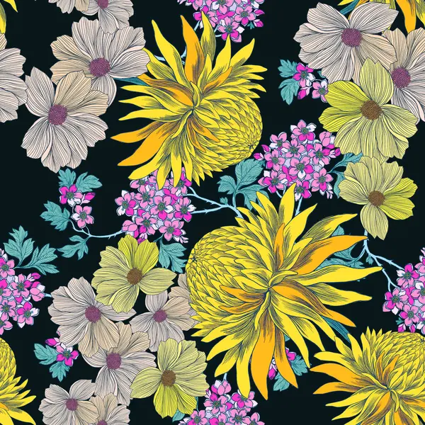 Güzel bir mevsim tatili çiçek açan çayır yaprak tarlası gece yarısı dikişsiz desen tasarımı moda, kumaş, kağıt, interio için koyu siyah renkte izole edilmiş