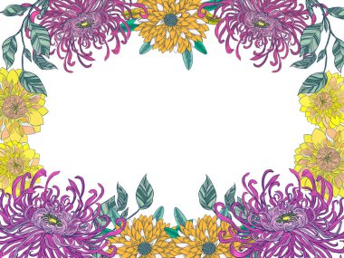 Çiçek arkaplan. İçinde bir buket örümcek kasımpatı ve parlak sarı çiçekler olan bir kart..