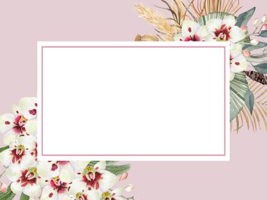Orkide suluboya ile yaz bahar pankartı, çiçek çerçeveli pankart, davetiye şablonu