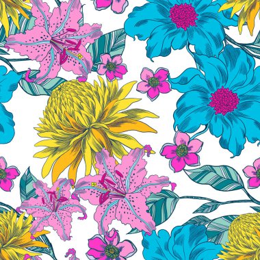 Güzelim bahar çiçekleri çiçek açıyor doğuya özgü desensiz desen tasarımı beyaz arka planda moda, kumaş, kağıt, iç mekan için izole edilmiş.