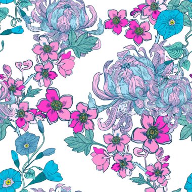 Güzelim bahar çiçekleri çiçek açıyor doğuya özgü desensiz desen tasarımı beyaz arka planda moda, kumaş, kağıt, iç mekan için izole edilmiş.