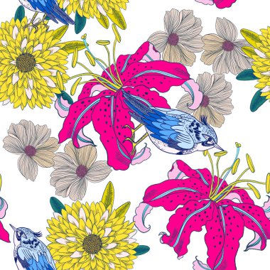 Güzelim bahar çiçekleri çiçek açıyor doğuya özgü desensiz desen tasarımı beyaz arka planda moda, kumaş, kağıt, iç mekan için izole edilmiş.