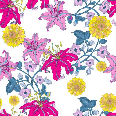 Güzelim bahar çiçekleri çiçek açıyor doğuya özgü desensiz desen tasarımı beyaz arka planda moda, kumaş, kağıt, iç mekan için izole edilmiş.