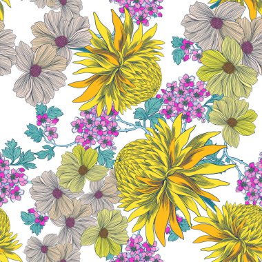 Güzelim bahar çiçekleri çiçek açıyor doğuya özgü desensiz desen tasarımı beyaz arka planda moda, kumaş, kağıt, iç mekan için izole edilmiş.