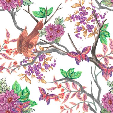 El boyaması suluboya illüstrasyon Fantezi çiçek kuşu ve Kelebek orman ağacı kusursuz desen ilham verdi 