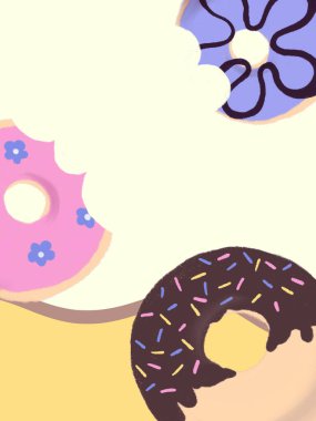 Donut Doodle koleksiyonu RSVP şablon tebrik kartı etiketi, afiş, sınır renkli yazdırma arkaplanı