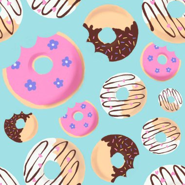 Duvar kâğıdı arka plan kumaşı için bir dizi kusursuz çörek tatlı tatlı tatlı çerez kafe yiyeceği. 