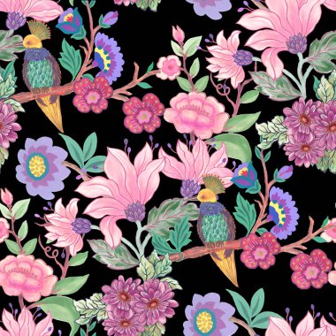 Kusursuz desenli suluboya baskı duvar kâğıdı süslemelerinin üzerine botanik resim çiziyor. 