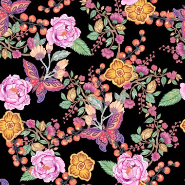 Kusursuz desenli suluboya baskı duvar kâğıdı süslemelerinin üzerine botanik resim çiziyor. 