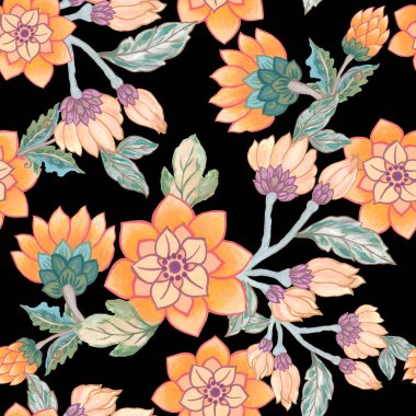 Kusursuz desenli suluboya baskı duvar kâğıdı süslemelerinin üzerine botanik resim çiziyor. 