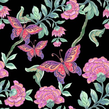 Kusursuz desenli suluboya baskı duvar kâğıdı süslemelerinin üzerine botanik resim çiziyor. 