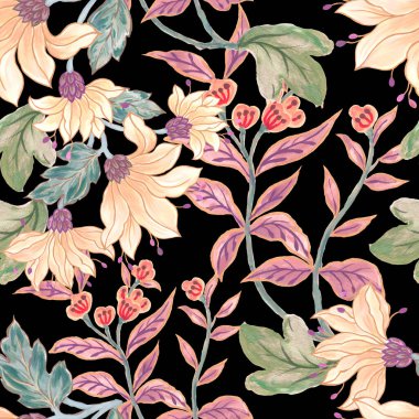 Kusursuz desenli suluboya baskı duvar kâğıdı süslemelerinin üzerine botanik resim çiziyor. 