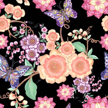 Kusursuz desenli suluboya baskı duvar kâğıdı süslemelerinin üzerine botanik resim çiziyor. 