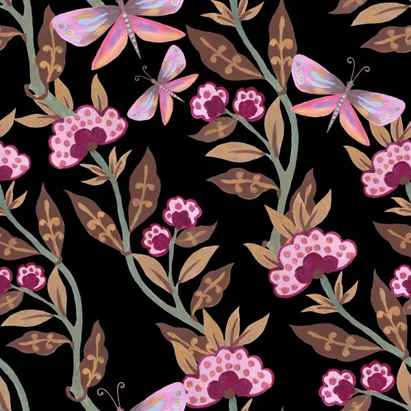 Kusursuz desenli suluboya baskı duvar kâğıdı süslemelerinin üzerine botanik resim çiziyor. 