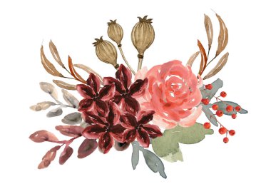 Bu zarif botanik kompozisyonu sıcacık bir kış havası ve sıcak bir dokunuş. Watrecolor kartlar için ideal, düğün davetiyeleri, şenlik havası.
