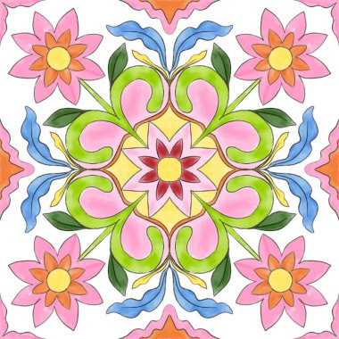 Azulejo fayans deseni, Portekiz İtalyan geleneksel mozaiği, Akdeniz majolika tasarımı el boyası çizimi.