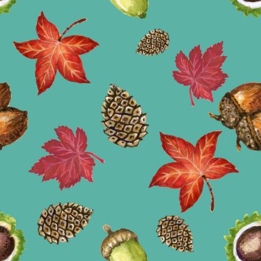 Renkli yapraklar, meşe palamutları ve fındıklı kusursuz sonbahar şablonu. Tekstil, botanik çizim, dekoratif baskı