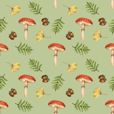 Yapraklar, palamutlar ve mantarlarla kusursuz sonbahar şablonu. Tekstil, botanik çizim, dekoratif baskı