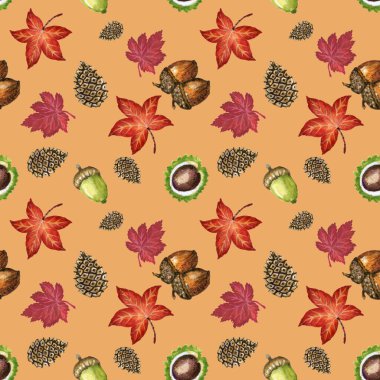 Renkli yapraklar, meşe palamutları ve fındıklı kusursuz sonbahar şablonu. Tekstil, botanik çizim, dekoratif baskı