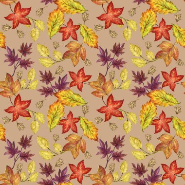 Kurumuş yapraklarla kusursuz sonbahar şablonu, suluboya Şükran Günü arka planında çizilmiş renkli yapraklar geleneksel Cadılar Bayramı sembolleri. 