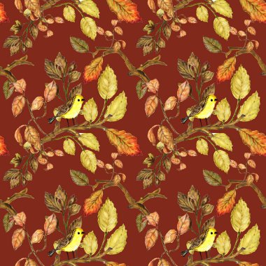 Yapraklar, dallar, orman bahçesi ve suluboya Şükran Günü arka planında çizilmiş küçük kuş eli olan kusursuz sonbahar şablonu geleneksel Cadılar Bayramı sembolleri. 