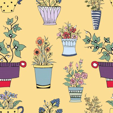 Renkli çizim, kusursuz desen. Soyut ev bitkileri çiçek kabı ambalajı. Botanik tekrarlanan çiçek evi kapalı alanda çiçek açan bitkiler Şehir Ormanı karalama duvar kağıdı