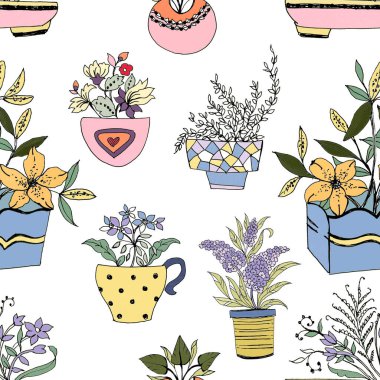 Renkli çizim, kusursuz desen. Soyut ev bitkileri çiçek kabı ambalajı. Botanik tekrarlanan çiçek evi kapalı alanda çiçek açan bitkiler Şehir Ormanı karalama duvar kağıdı