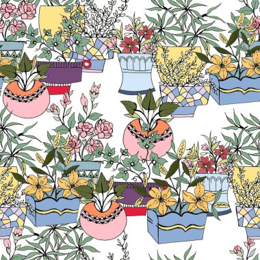 Çiçek saksısı seramik vazolarla kusursuz desenler ev bitkileri ve bitkiler renkli karalamalar