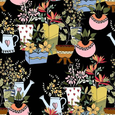 Çiçek saksısı seramik vazolarla kusursuz desenler ev bitkileri ve bitkiler renkli karalamalar