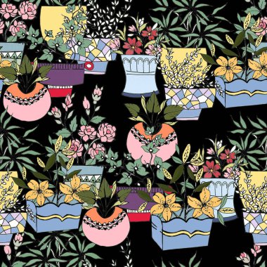 Çiçek saksısı seramik vazolarla kusursuz desenler ev bitkileri ve bitkiler renkli karalamalar