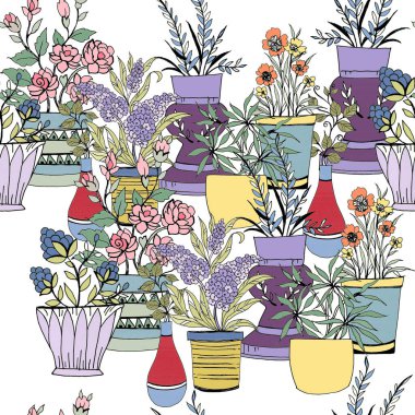 Çiçek saksısı seramik vazolarla kusursuz desenler ev bitkileri ve bitkiler renkli karalamalar