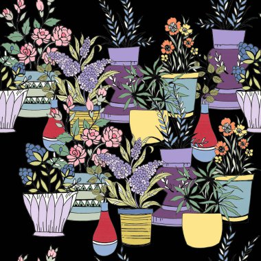 Çiçek saksısı seramik vazolarla kusursuz desenler ev bitkileri ve bitkiler renkli karalamalar