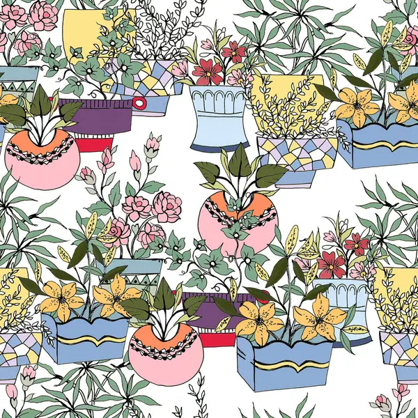 Çiçek saksısı seramik vazolarla kusursuz desenler ev bitkileri ve bitkiler renkli karalamalar