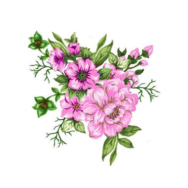 Retro Style 'da zarif çiçek aranjmanı. Selamlar, moda, duvar sanatı için suluboya guaj çizimi