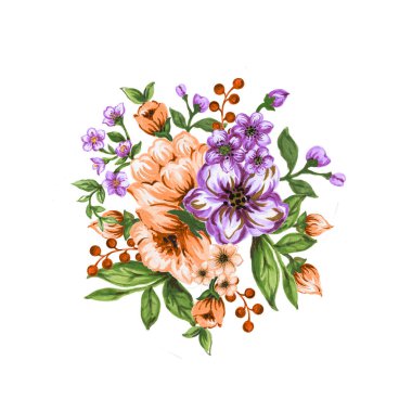 Retro Style 'da zarif çiçek aranjmanı. Selamlar, moda, duvar sanatı için suluboya guaj çizimi