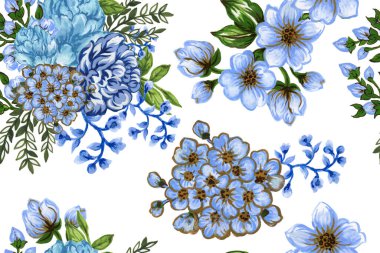 Çiçeksiz mavi suluboya desenli suluboya güller, yapraklar, tomurcuklar. Elle boyanmış vintage çizim arka planı