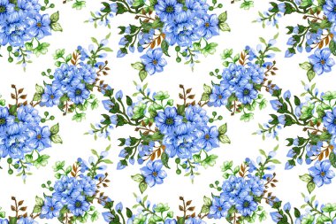 Çiçeksiz mavi suluboya desenli suluboya güller, yapraklar, tomurcuklar. Elle boyanmış vintage çizim arka planı