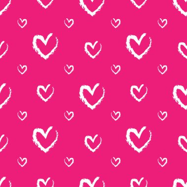 Pembe arka planda kalplerin şirin tebeşirle çizilmiş romantik, pürüzsüz bir desen. Çocuk çiziminin stili. Sevgi ve sempati duygularının ifadesi. Sevgililer Günü için model tasarımı.