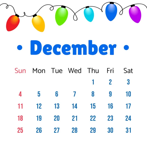 Grudzień 2022 Kalendarz Grudzień 2022 Ilustracja Wektora Kalendarza Lampkami Świątecznymi — Wektor stockowy