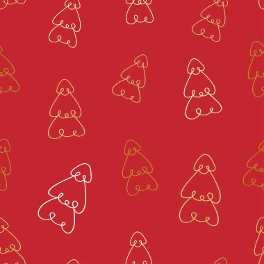 Kırmızı arka planda kusursuz bir noel ağacı deseni var. Çam ağacı. Çizgi çalışması. Doodle tarzı. Vektör illüstrasyonu