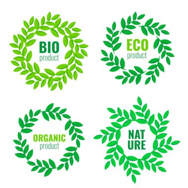 Set of circle ecological green frames with friendly text isolated on white background with organic leaves emblems, elements, frames or logo. Eco concepts