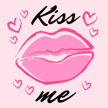 Kiss me card. Romantic card with sexy Pink Lips, Hearts and calligraphy text, Valentines letter template, modern glamour design, invitation and greeting vector illustration.