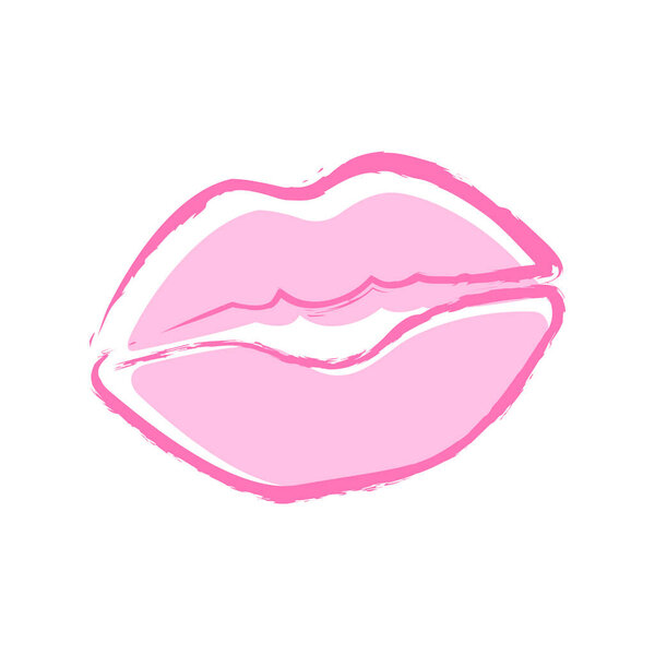 Меловой эскиз женских розовых губ на белом фоне. Кисть поцелуй на белом фоне. Символ векторных губ. Изображение, этикетка, печать для одежды и другие, элемент дизайна и другие.