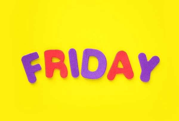 Friday Word Formed Colorful Letters Yellow Background Copy Space — Stock Photo, Image