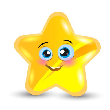 Sevimli Parlayan Yıldız Karakterinin Çizgi Film Çizimi. Beyaz arkaplanda izole edilmiş sevimli sarı gülümseyen vektör küçük yıldız.
