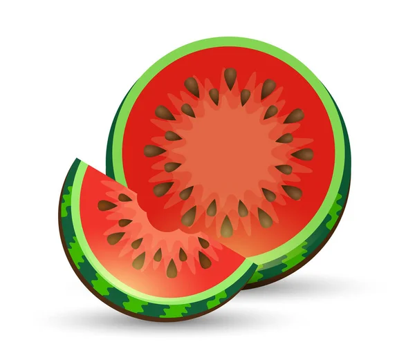 西瓜和多汁西瓜片矢量图为平面设计 在白色上隔离 全成熟红果西瓜 红果片的矢量图解标识 — 图库矢量图片