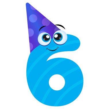 Altıncı yaş günü davetiyesi, altı numaralı mavi gözlü ve parti şapkalı. Çizgi film tarzında mutlu yıllar. Vektör çizimi. Doğum günleri, düğünler, şirket yıldönümleri için kullan.